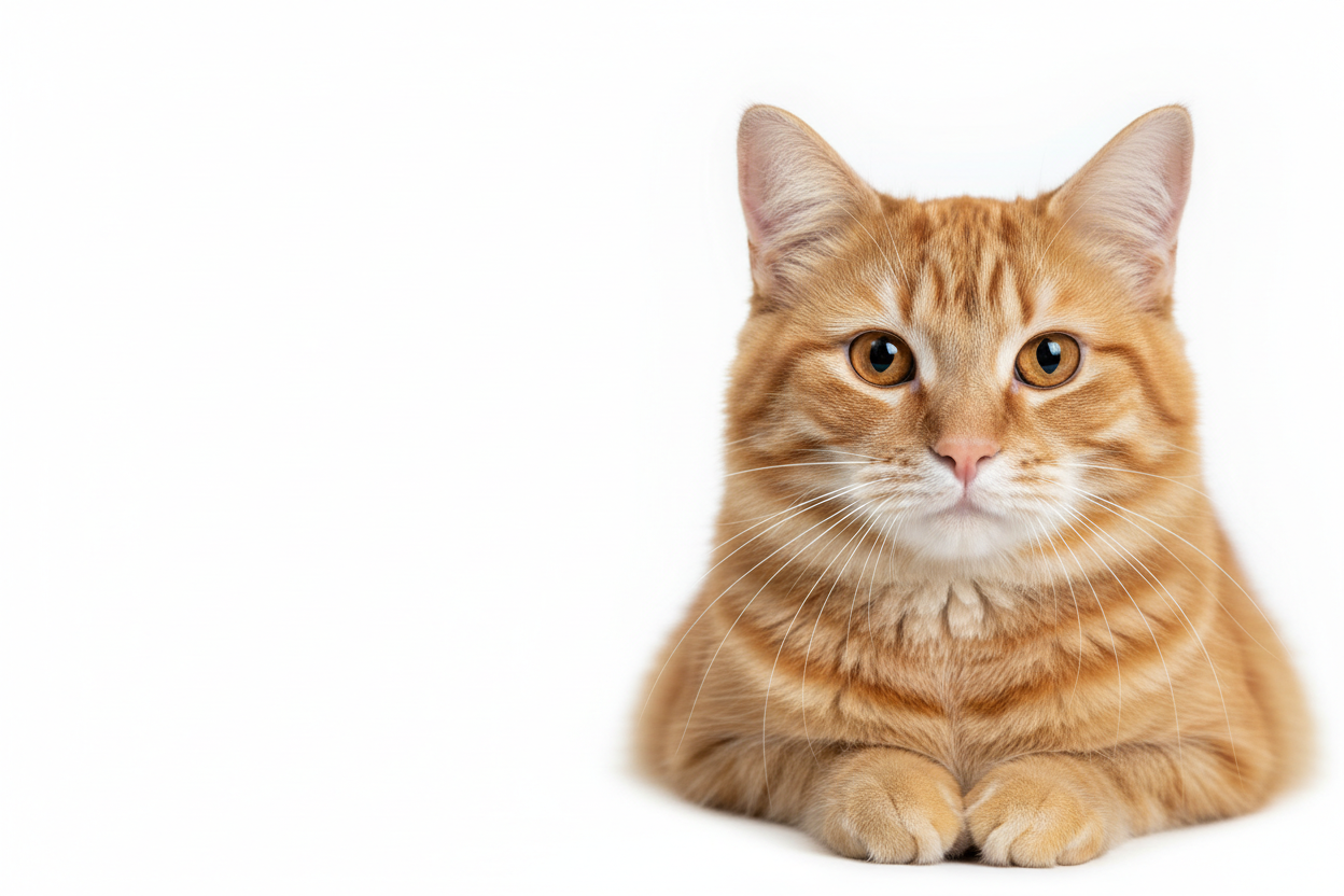 realistic photo of an orange cat looking directly to the camera, white background, negative space to the left 